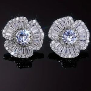 Flower Baguette cz Diamond Stud Earings For Women NWT